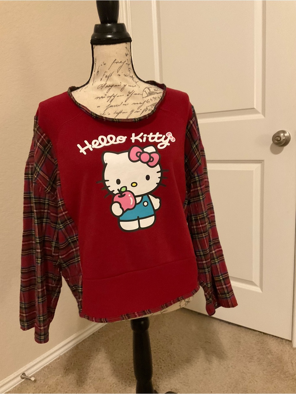 Upcycle, Hello Kitty Red Plaid Sleeve Pullover Sweatshirt